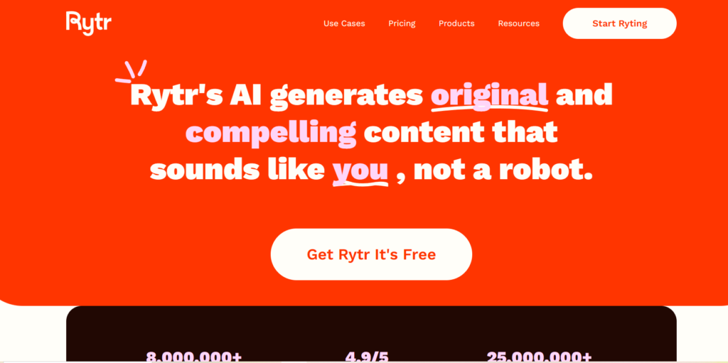 Screenshot of the Rytr.me website homepage showing AI writing tools, features overview, and pricing plans.