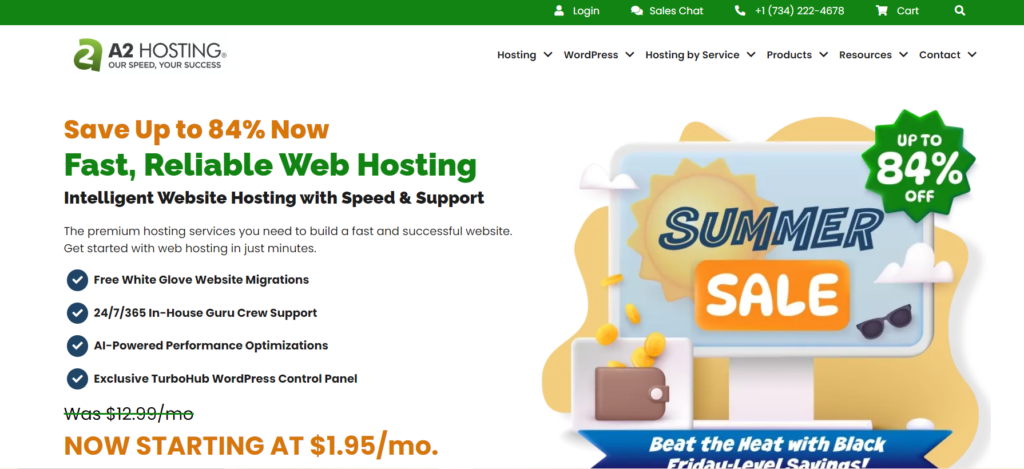 Screenshot of the a2hosting.com website homepage features, pricing, and overview.