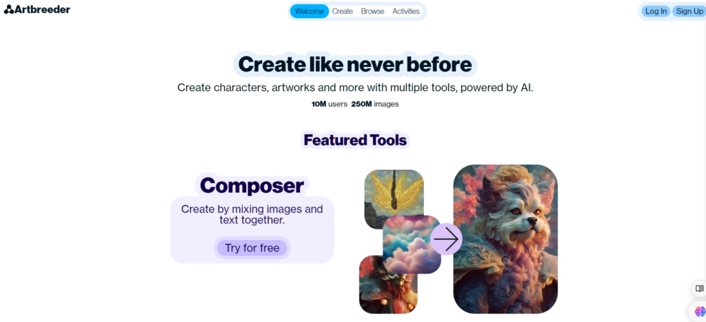 Screenshot of the Artbreeder.com website homepage features overview.
