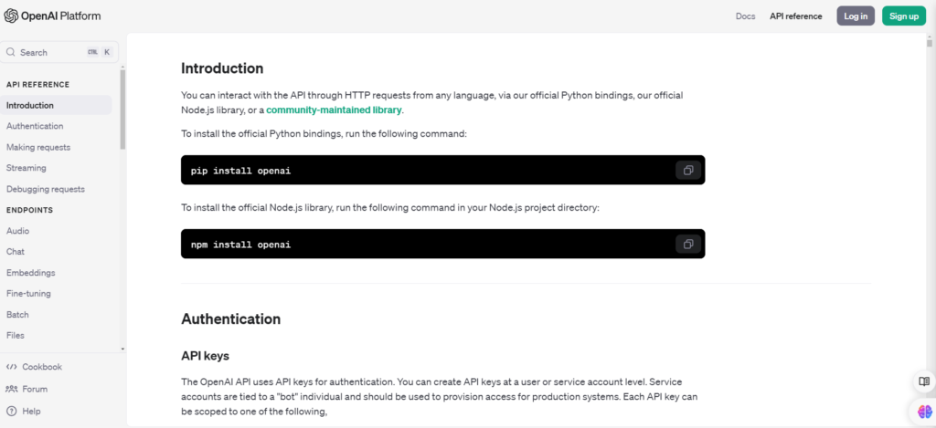 Screenshot of the https://platform.openai.com/docs/api-reference/introduction website homepage features, pricing, and overview.