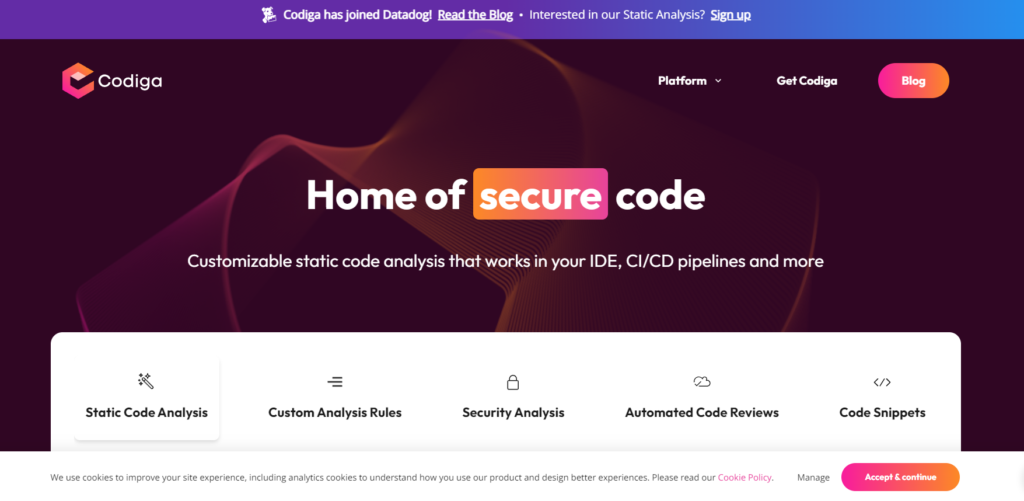 Screenshot of the codiga.io website homepage features, pricing, and overview.