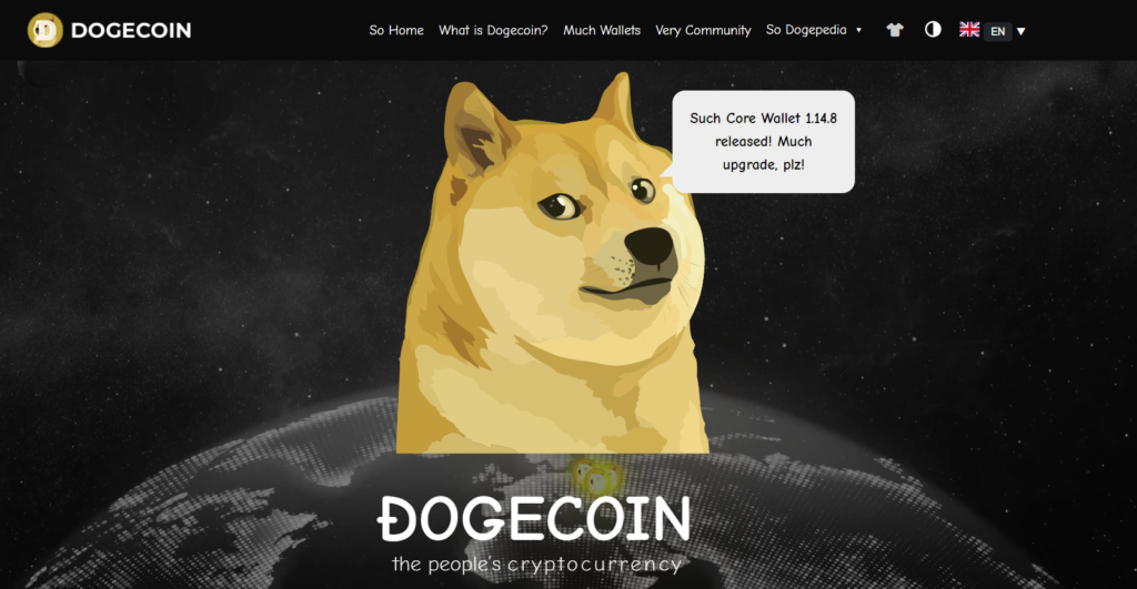 Screenshot of the dogecoin.com  website homepage features and overview.