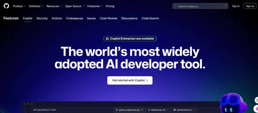 Screenshot of the https://github.com/features/copilot website homepage features, pricing, and overview.
