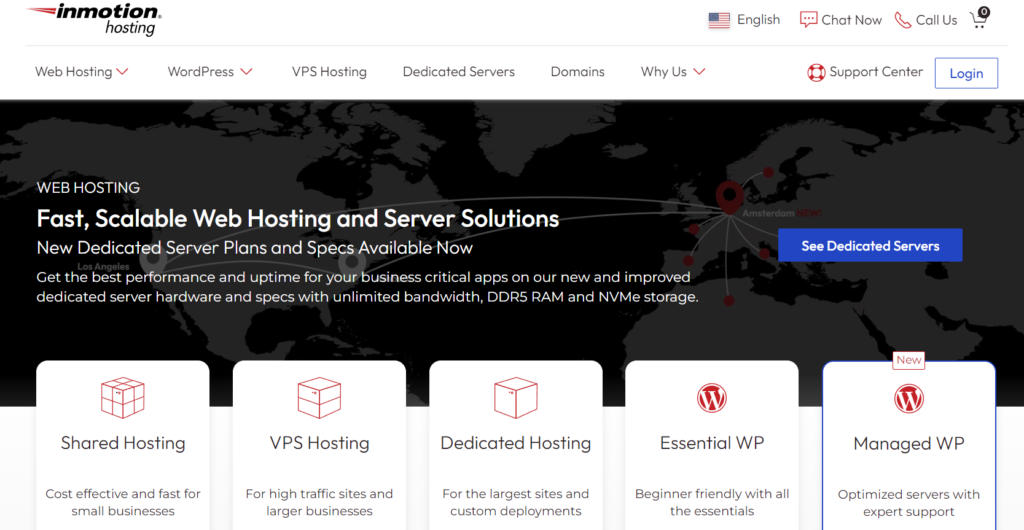 Screenshot of the inmotionhosting.com website homepage features, pricing, and overview.