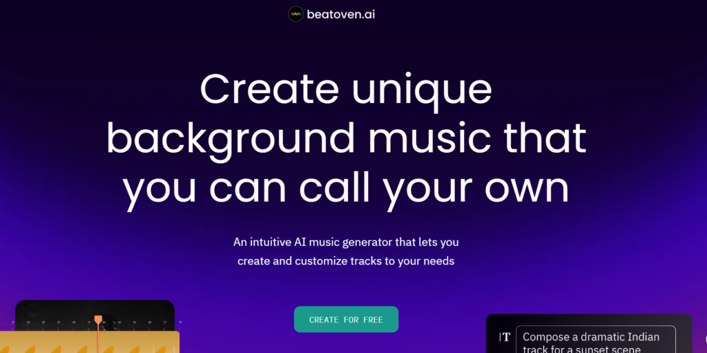 Screenshot of the beatoven.ai website homepage features, pricing, and overview.