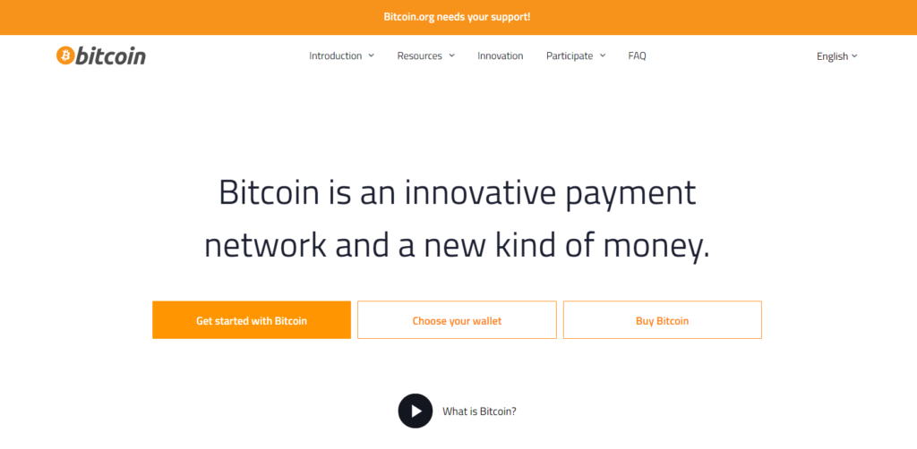 Screenshot of the bitcoin.org website homepage features and overview.