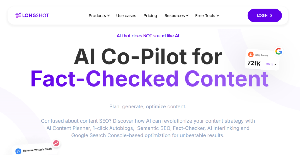 Screenshot of the longshot.ai website homepage features, pricing, and overview.