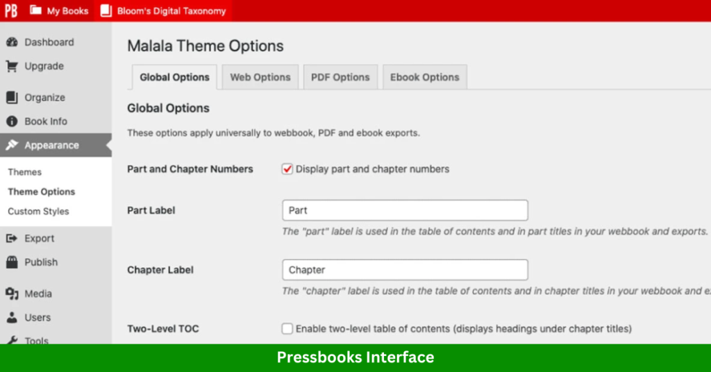 Pressbooks interface