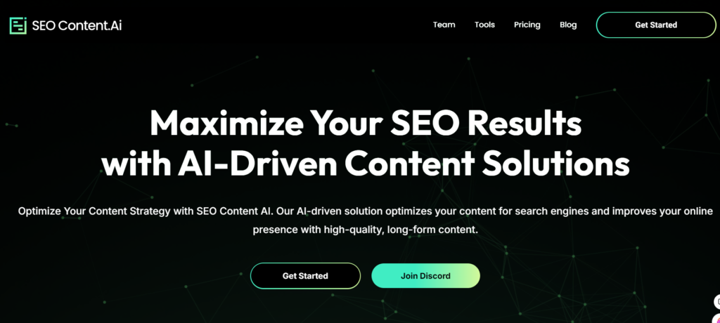 Screenshot of the seocontent.ai website homepage features, pricing, and overview.