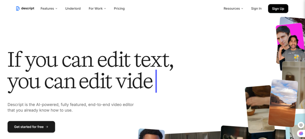 Screenshot of the descript.com website homepage features, pricing, and overview.