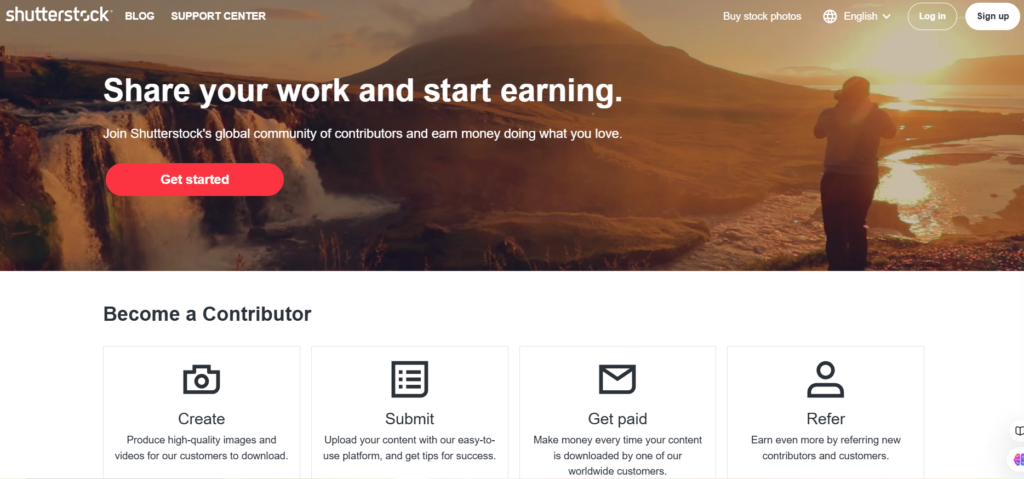 Screenshot of the submit.shutterstock.com website homepage features, pricing, and overview.