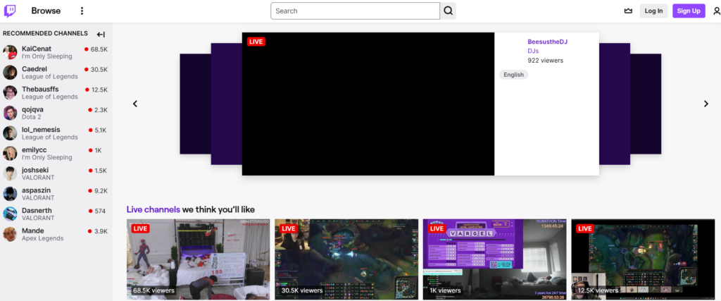 Screenshot of the twitch.tv website homepage features, pricing, and overview.