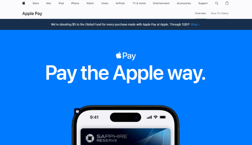 Screenshot of the apple.com/apple-pay/ website homepage features, pricing, and overview.