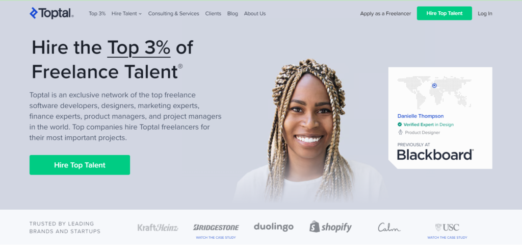 Screenshot of the toptal.com website homepage features, pricing, and overview.