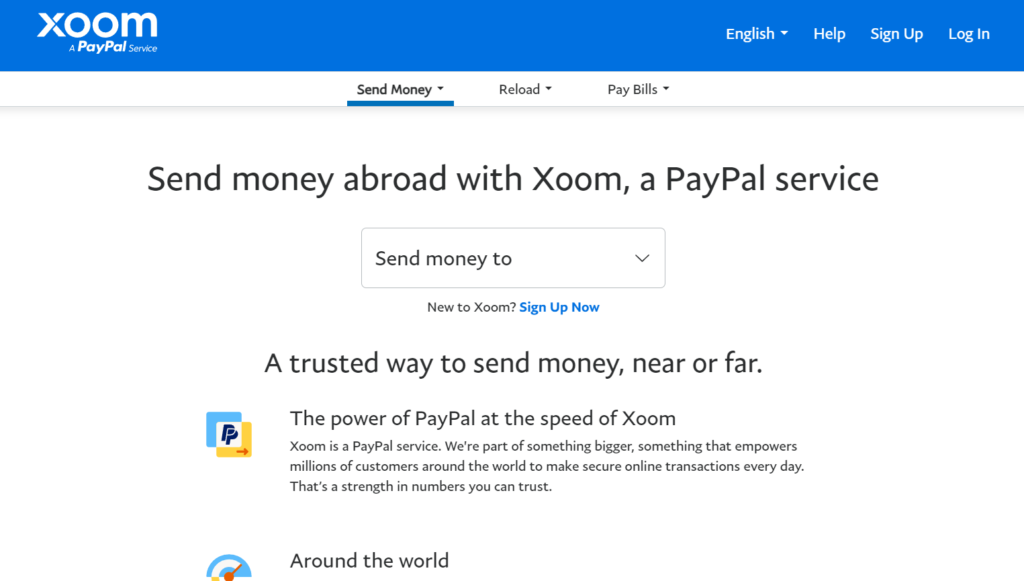 Screenshot of the xoom.com website homepage features, pricing, and overview.