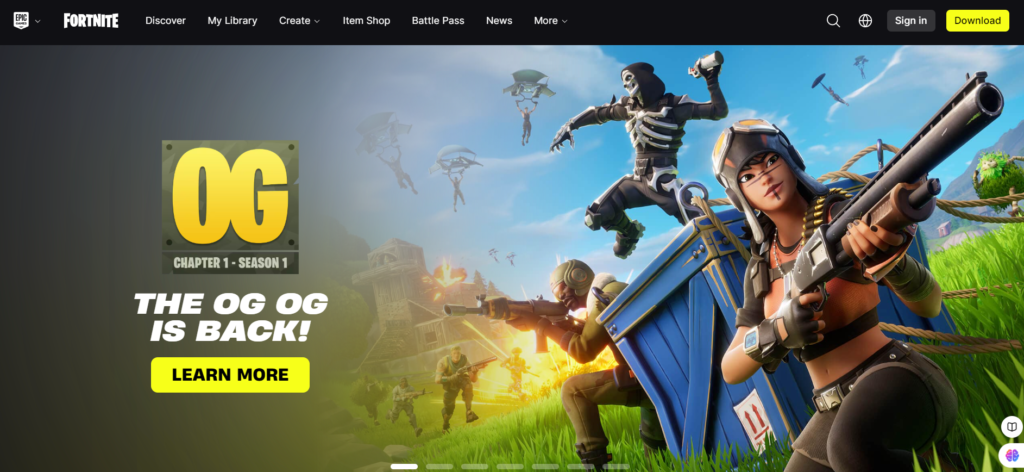 Screenshot of the fortnite.com website homepage features, pricing, and overview.