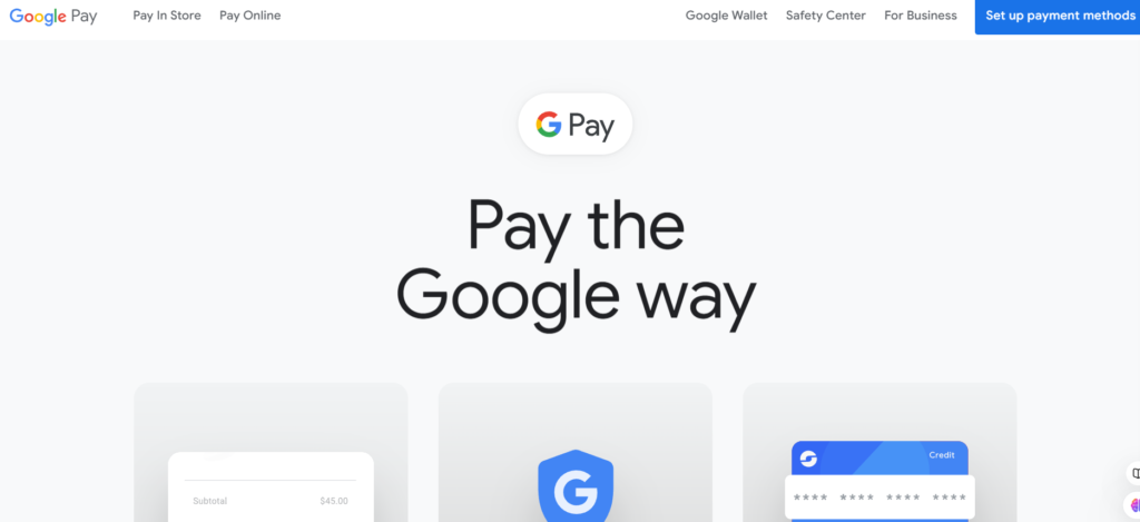 Screenshot of the pay.google.com/about/ website homepage features, pricing, and overview.