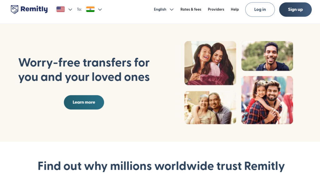 Screenshot of the remitly.com/us/en/india website homepage features, pricing, and overview.