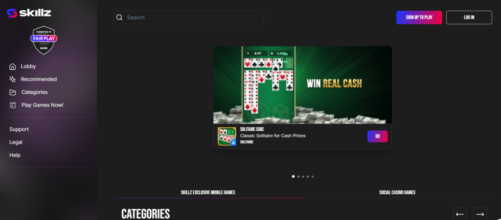 Screenshot of the games.skillz.com/mobile website homepage features, pricing, and overview.