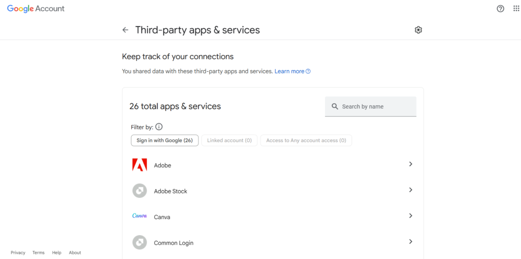 Google Account Setting Third Part Overview