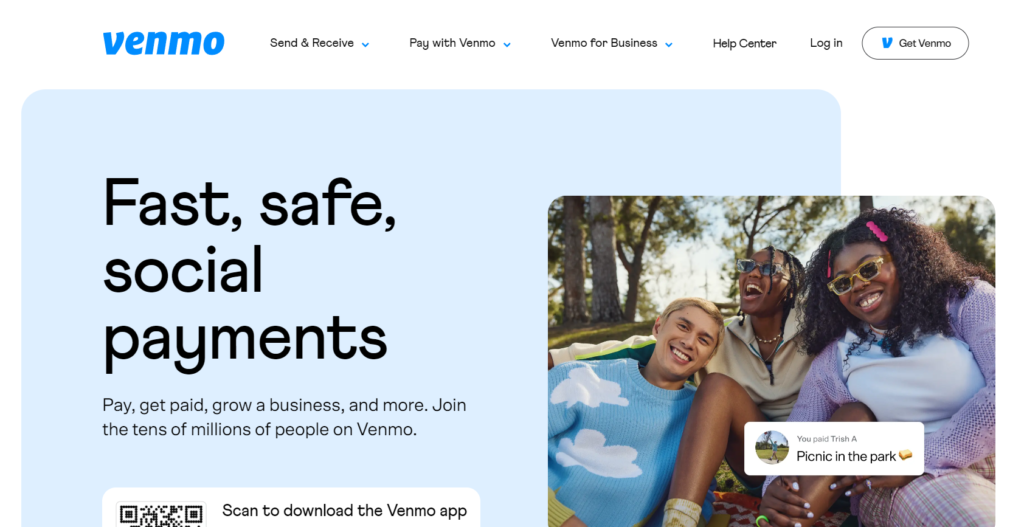Screenshot of the venmo.com website homepage features, pricing, and overview.