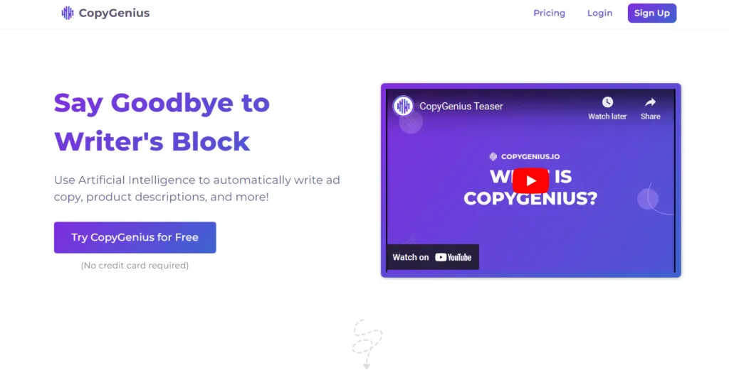 Screenshot of the CopyGenius website homepage showing AI writing tools, features overview, and pricing plans.