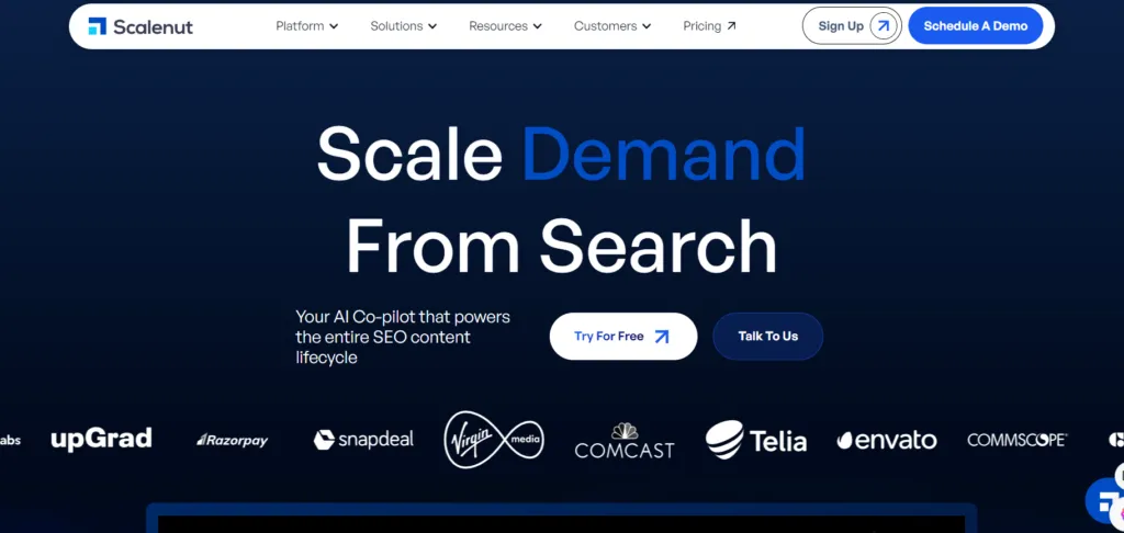 Screenshot of the Scalenut website homepage showing AI writing tools, features overview, and pricing plans.