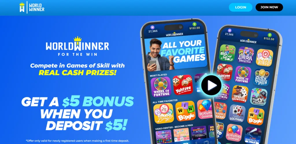 Screenshot of the Worldwinner website, showcasing various skill-based games available for real cash prizes.