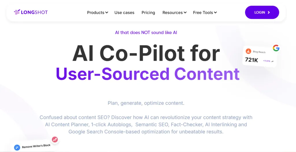 Screenshot of the longshot.ai website homepage features, pricing, and overview.