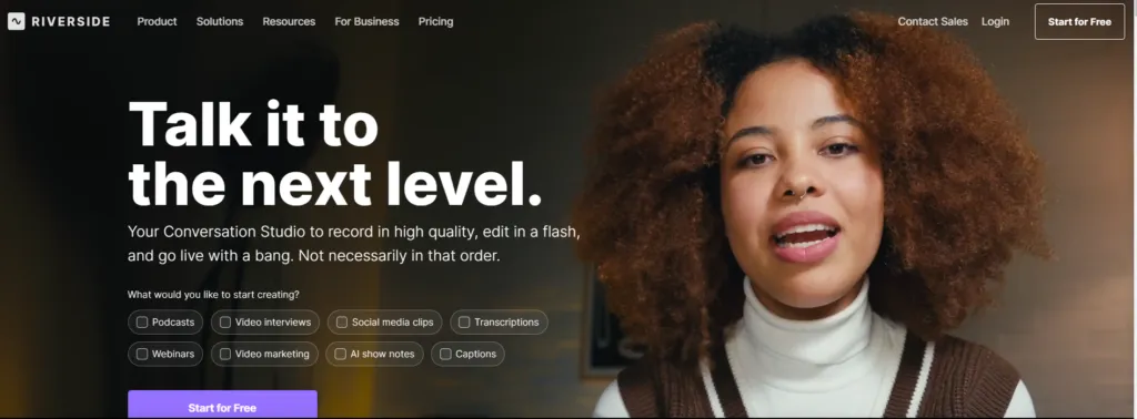Screenshot of the riverside.fm website homepage features, pricing, and overview.